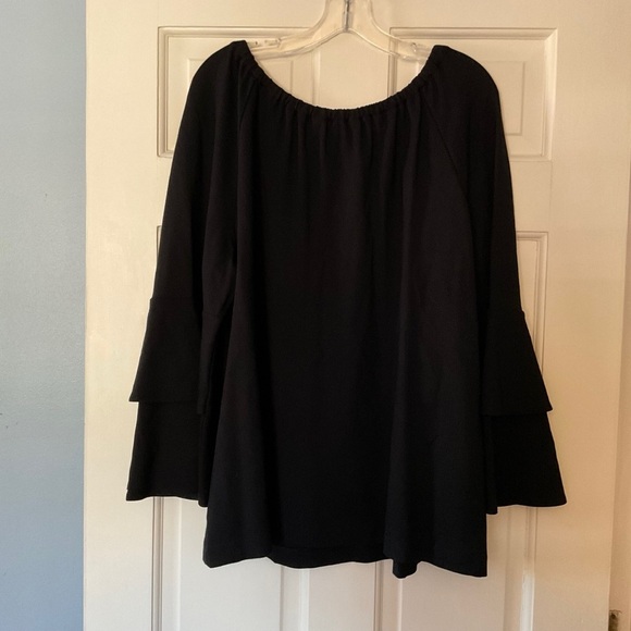 J. Jill Ponte Knit Top Black Flare Sleeve Gathered Neck XL Capsule Minimalist - Picture 5 of 8